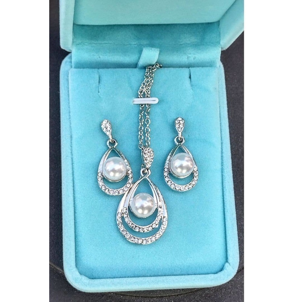 Pearl Necklace Teardrop Zirconia Rhinestone Drop Earrings Necklace Jewelry Sets - Picture 5 of 14